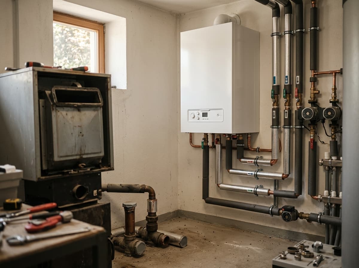 Technikraum während eines Heizungstauschs: neues wandhängendes Brennwertgerät mit sauber gedämmten Leitungen neben dem demontierten Altgerät