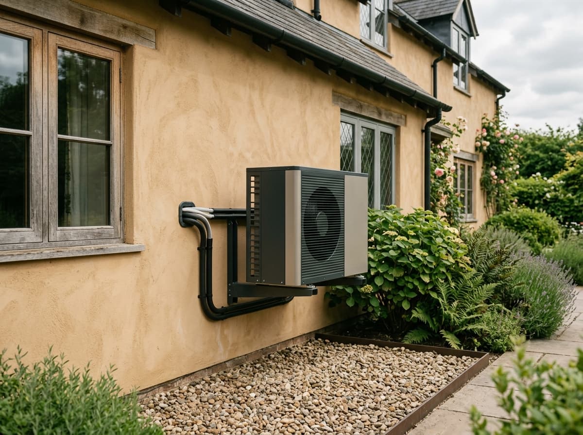 Wärmepumpen-Außengerät an einer Hauswand mit sauberer Leitungsführung