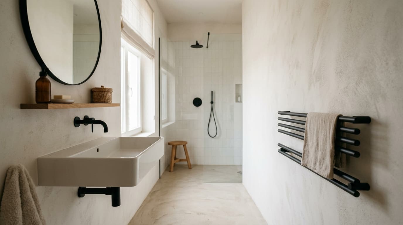 Ruhiges, warmes Badezimmer mit Naturstein-Optik, wandhängendem Waschtisch und dezentem Handtuchheizkörper